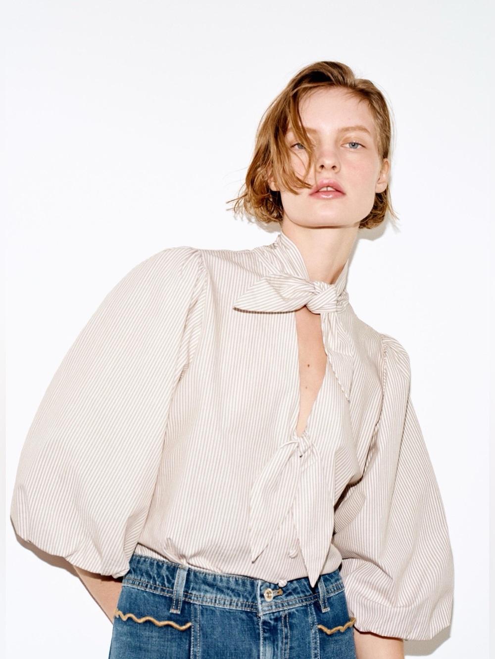 Zara Beige Pinstripe Bow Tie Puff Sleeve Blouse